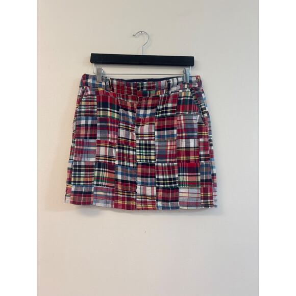 British khaki Patchwork Plaid Mini Skirt Sz 4 Cotton Multi-Color White Women VTG - Picture 1 of 6